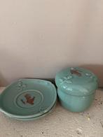 Koreaans Celadon Theekop met Filter & 2 Schotels, Ophalen of Verzenden