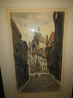 Ets van pittoresk straatje met kerk, Antiek en Kunst, Ophalen of Verzenden
