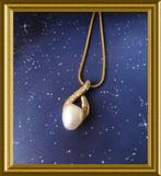 14 karaat gouden hanger met parel en briljantjes aan ketting, Antiek en Kunst, Antiek | Goud en Zilver, Goud, Ophalen of Verzenden