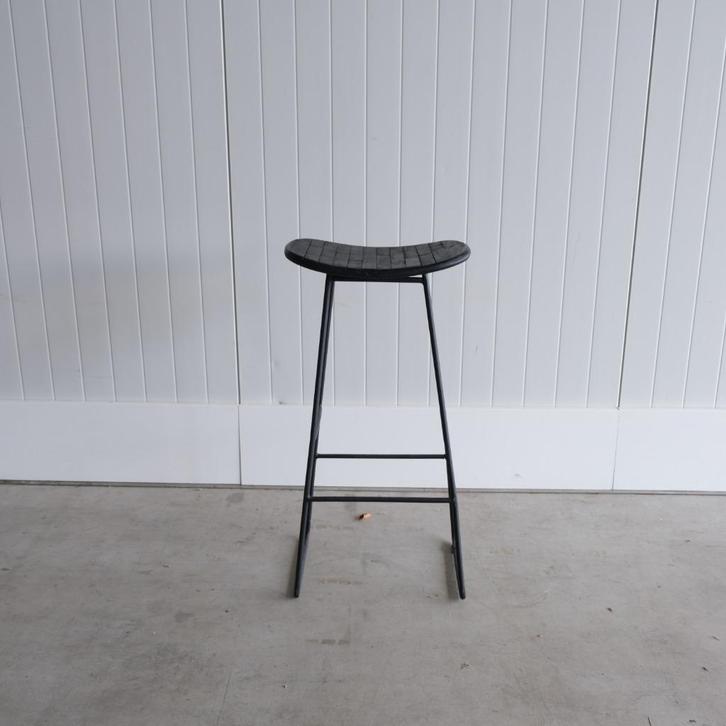 Barkruk - Zwart Teakhout & Metaal - Zithoogte 77 cm, Huis en Inrichting, Barkrukken, Nieuw, 60 tot 90 cm, Hout, Kunststof, 2 krukken