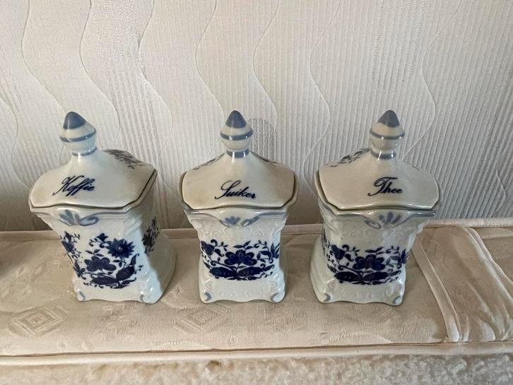 Blauw Voorraadpotten Set Koffie Thee Suiker Kruiden P, Antiek en Kunst, Antiek | Keramiek en Aardewerk, Ophalen