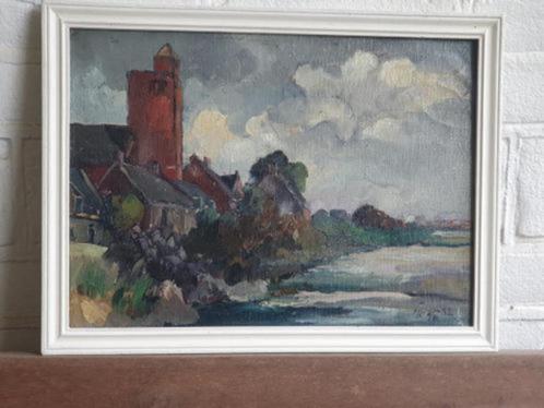 Dorpsgezicht oude kerktoren Papendrecht gesigneerd HJ 1932., Antiek en Kunst, Kunst | Schilderijen | Klassiek, Ophalen