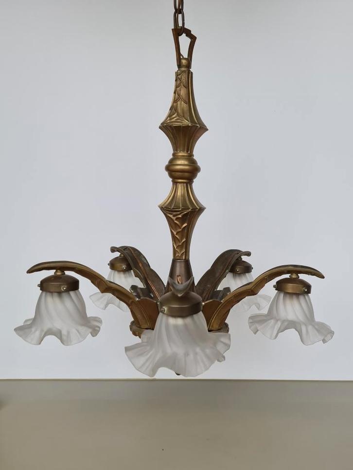 grote 5 armige art-nouveau art-deco kroonluchter luster lamp, Huis en Inrichting, Lampen | Kroonluchters, Gebruikt, Glas, Metaal