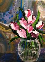 Schilderij vaas met tulpen, Minder dan 50 cm, Nieuw, Ophalen of Verzenden, Schilderij