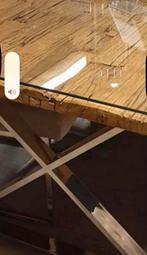 eettafel met houten blad en glasplaat 160x100 cm, Ophalen, 100 tot 150 cm, Zo goed als nieuw, Vijf personen of meer
