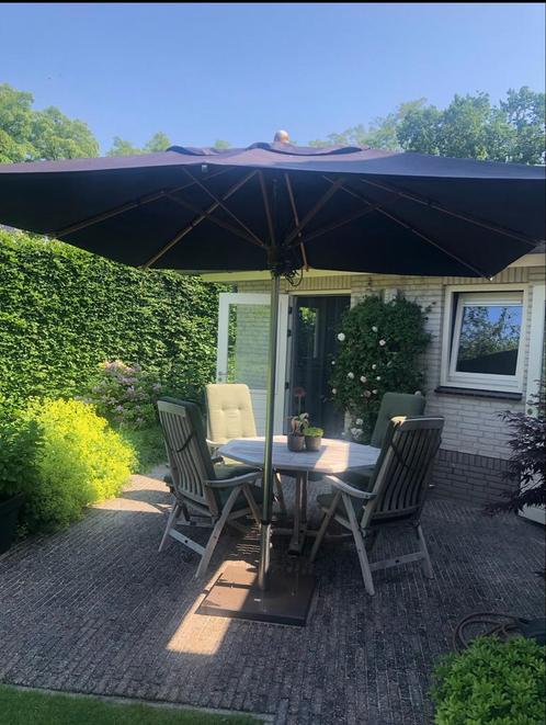 Parasol rvs paal 3 x 3 meter zwart doek en voet t.e.a.b., Tuin en Terras, Parasols, Gebruikt, Stokparasol, 3 tot 4 meter, Ophalen