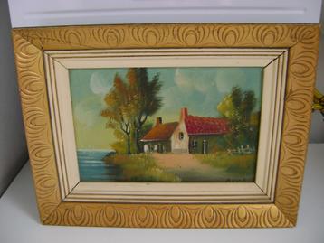 Schilderij op linnen met landschap en boerderij gesigneerd beschikbaar voor biedingen