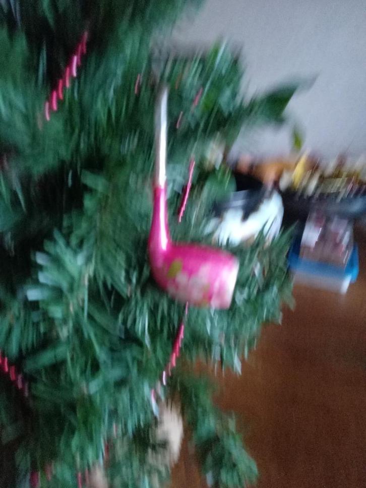 oude glazen kerstbal model pijp in roze met bloemdecoratie, Diversen, Kerst, Gebruikt, Ophalen of Verzenden