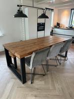 Eettafel Brut eiken houten wagon balken incl stoelen en bank, Ophalen, 200 cm of meer, 50 tot 100 cm, Zo goed als nieuw