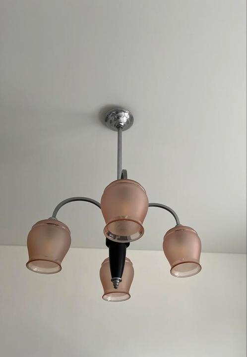Antieke art deco lamp hanglamp plafondlamp Frans, Huis en Inrichting, Lampen | Hanglampen, Zo goed als nieuw, Glas, Hout, Metaal