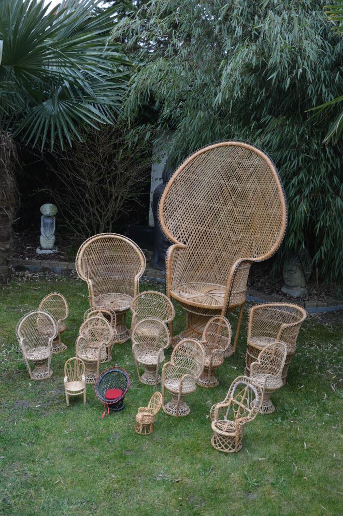 Verzameling vintage rotan Pauwenstoelen van groot naar klein, Antiek en Kunst, Curiosa en Brocante, Ophalen of Verzenden