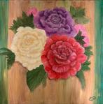 Schilderij; pioenrozen; paars wit en rood; 50x50, Ophalen