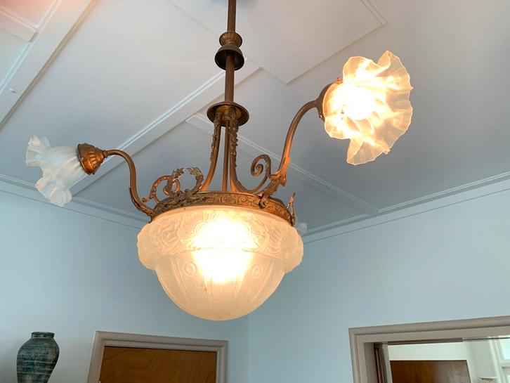 Antieke Plafondlamp Jaren 30, Huis en Inrichting, Lampen | Kroonluchters, Gebruikt, Glas, Ophalen