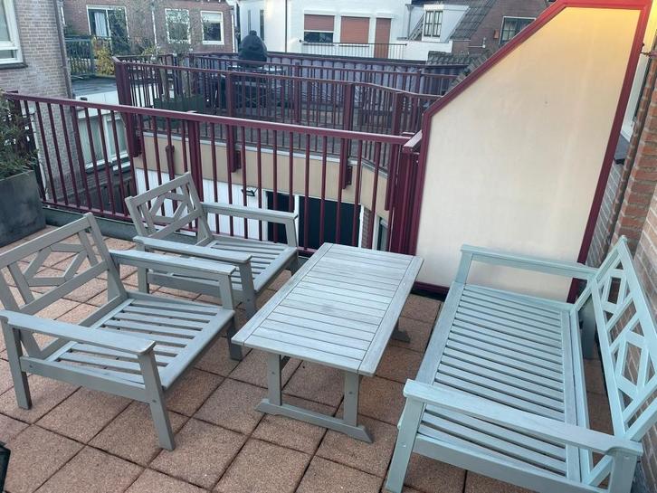 BONDHOLMEN Ikea set (2-zitsbank + 2 Fauteuil + tafel), Tuin en Terras, Tuinsets en Loungesets, Gebruikt, Loungeset, Hout, 4 zitplaatsen
