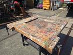 Timmerwerktafel met industriële look en metalen onderstel, Ophalen, Gebruikt, 120 tot 170 cm