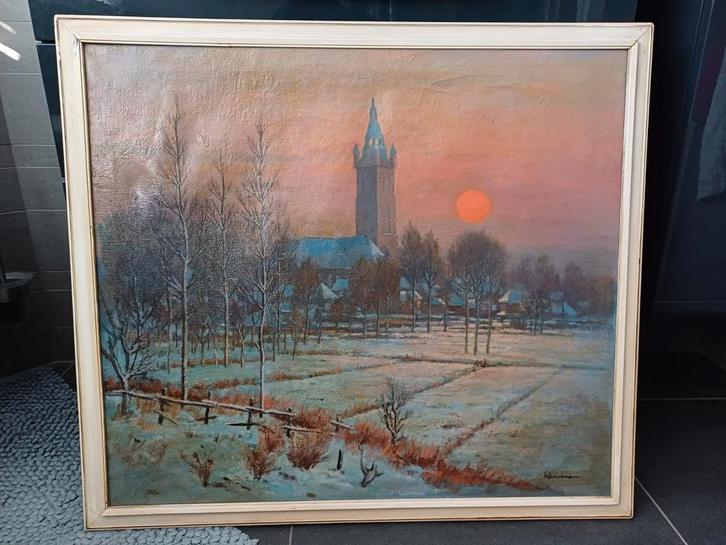Olieverfschilderij Winters Landschap, Antiek en Kunst, Kunst | Schilderijen | Klassiek, Ophalen of Verzenden