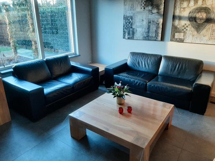 Bankstel 2 en 2,5 zits zwart zeer degelijk rundleer!, Huis en Inrichting, Banken | Bankstellen, Zo goed als nieuw, Vierpersoons of meer