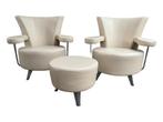 2 lederen design fauteuils met hocker, Ophalen of Verzenden, Zo goed als nieuw, 50 tot 75 cm, Leer