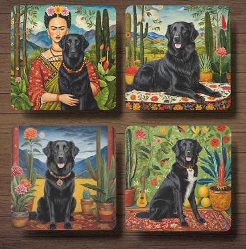 Flatcoated Retriever Frida Kahlo onderzetters met houder, Huis en Inrichting, Woonaccessoires | Onderzetters, Nieuw, Glas of Kopje