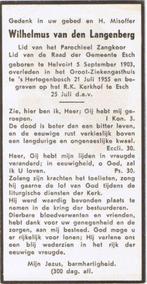 Langenberg Wilhelmus 1903 Helvoirt 1955 Den  Bosch, Verzamelen, Ophalen of Verzenden, Bidprentje