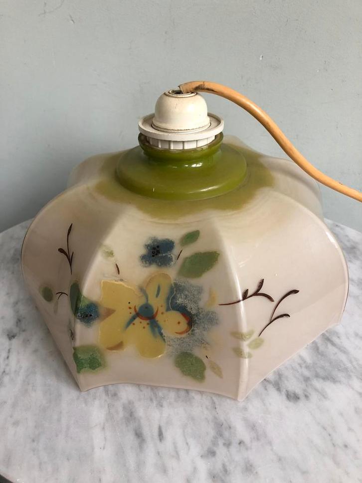 Oude (antieke) opaline glazen hanglampje met bloemdecor, Antiek en Kunst, Antiek | Lampen, Ophalen of Verzenden