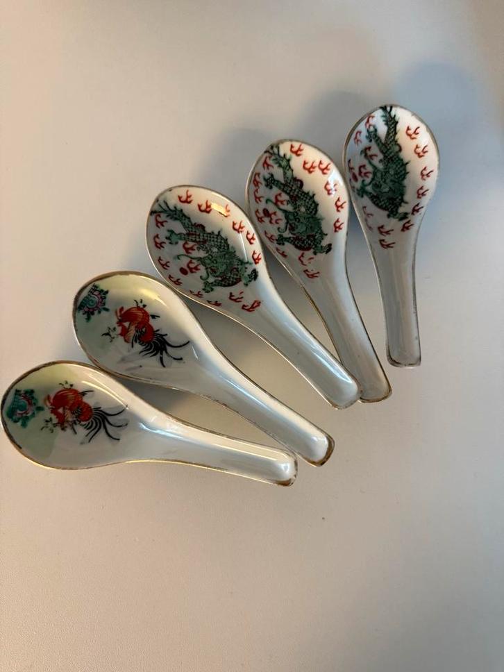 Set van 5 Chinese Soeplepels, Antiek en Kunst, Antiek | Bestek, Ophalen of Verzenden