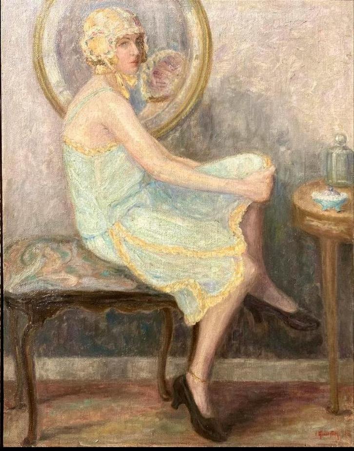 “Dame in avondjapon voor spiegel” Irma Quintin, (ca 1930), Antiek en Kunst, Kunst | Schilderijen | Klassiek, Ophalen