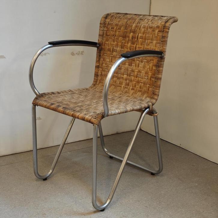 Vintage Gispen eetkamerstoel riet metaal, Huis en Inrichting, Stoelen, Gebruikt, Eén, Metaal, Riet of Rotan, Overige kleuren, Ophalen