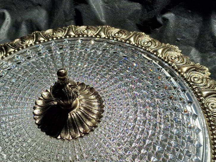 Plafonnière met reliëf kristalglas+zilver/bronskleurige rand, Huis en Inrichting, Lampen | Plafondlampen, Zo goed als nieuw, Glas