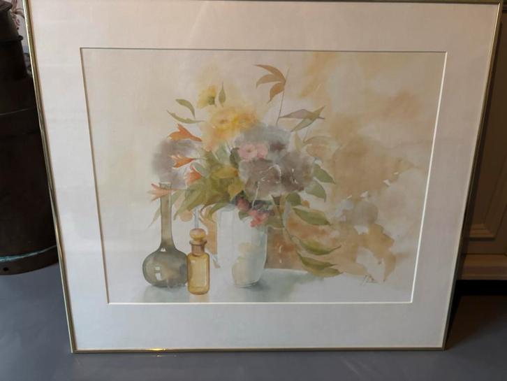 Aquarel stilleven met gouden lijst, Antiek en Kunst, Kunst | Tekeningen en Foto's, Ophalen
