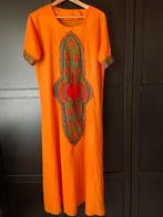 Oranje linnen jurk met Vlisco print 40/42, Ophalen of Verzenden, Zo goed als nieuw, Oranje, Onder de knie