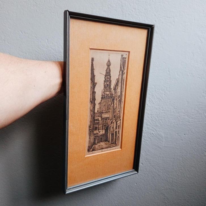 Oude Ets LEIDEN Stadhuistoren ca.1920 Marius Janssen Antiek, Antiek en Kunst, Kunst | Etsen en Gravures, Ophalen of Verzenden