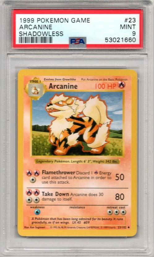 Arcanine Shadowless Psa 9 Base set 1999, Hobby en Vrije tijd, Verzamelkaartspellen | Pokémon, Zo goed als nieuw, Losse kaart, Ophalen of Verzenden
