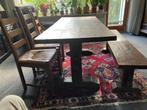 Kloostertafel massief eiken + bijpassende bank en 3 stoelen, Ophalen, Gebruikt, Eikenhout, 50 tot 100 cm