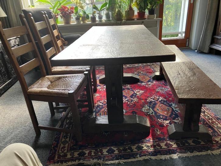 Kloostertafel massief eiken + bijpassende bank en 3 stoelen, Huis en Inrichting, Tafels | Eettafels, Gebruikt, 50 tot 100 cm, 150 tot 200 cm