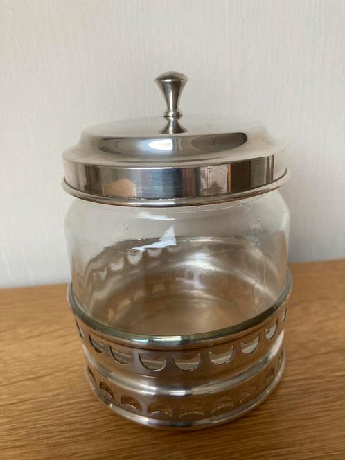 Verzilverde jam houder met deksel en uitneembare glazen pot, Antiek en Kunst, Antiek | Goud en Zilver, Ophalen of Verzenden