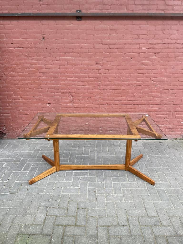 Vintage teakhouten eettafel met glas, Ophalen of Verzenden, Zo goed als nieuw
