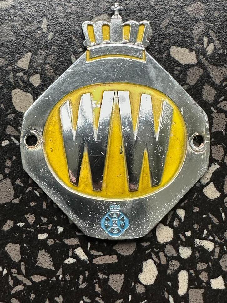 Geel ANWB WW embleem. A.N.W.B. logo voor een oldtimer motor., Verzamelen, Merken en Reclamevoorwerpen, Gebruikt, Gebruiksvoorwerp