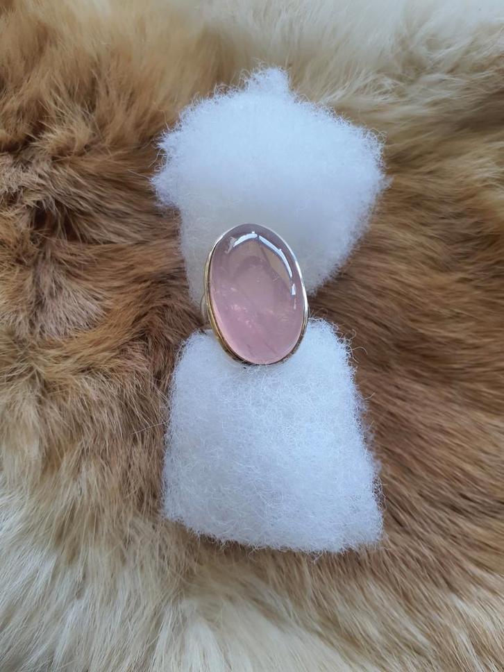 Echt zilveren rozenkwarts, roze kwarts, cabochon ring, Sieraden, Tassen en Uiterlijk, Ringen, Zo goed als nieuw, Dame, 17 tot 18