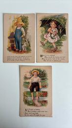 3 oude kinderkaarten met gedicht. Engels.kinderen,hond,regen, Ophalen, 1920 tot 1940, Kinderen