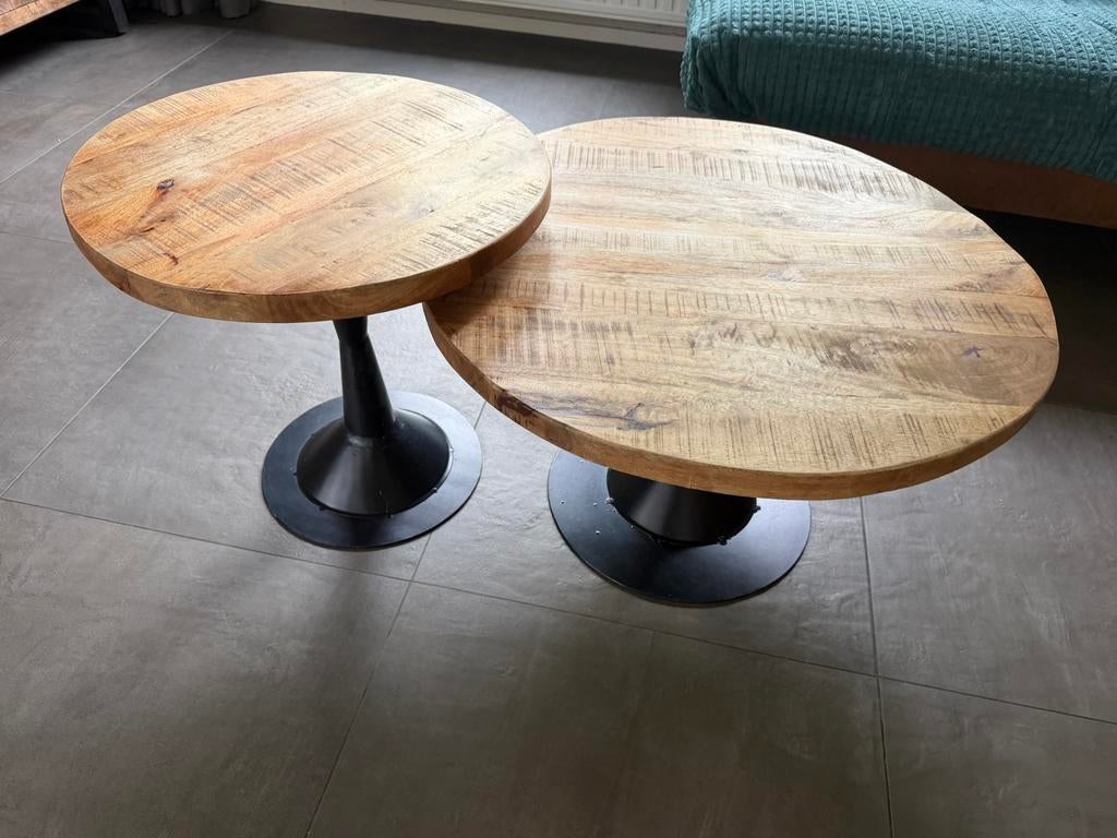 2 ronde houten salontafels van mango hout, Ophalen, 50 tot 100 cm, Rond, Zo goed als nieuw