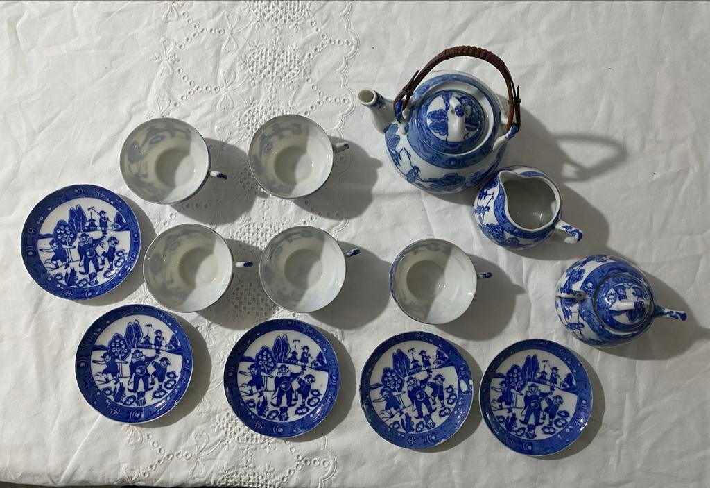 Vintage Miniatuur Chinees theeservies - Blauw-wit porselein, Ophalen of Verzenden