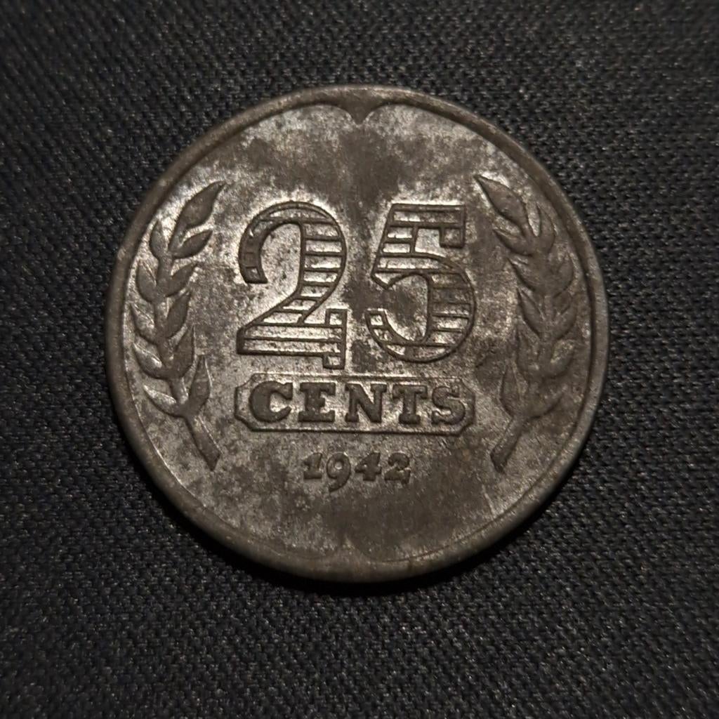 25 cent 1942 zink, deels originele muntkleur, Verzenden, Koningin Wilhelmina, 25 cent, Losse munt