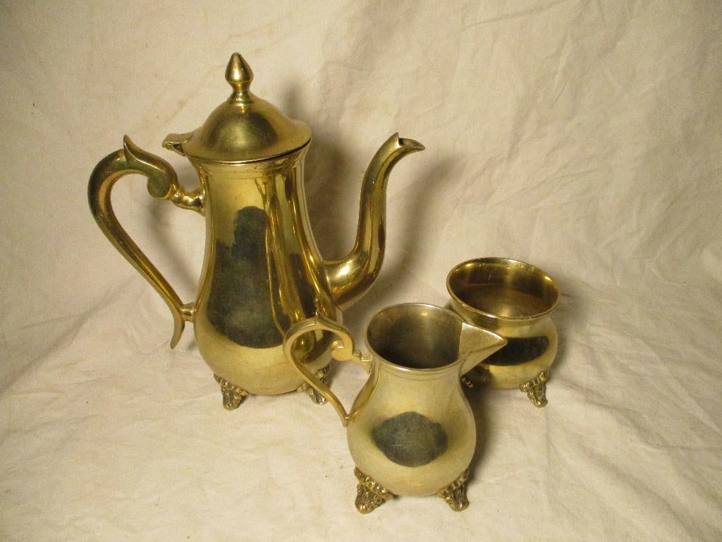 theepotset theekan met melk en suiker kannetje van koper, Antiek en Kunst, Antiek | Koper en Brons, Ophalen of Verzenden