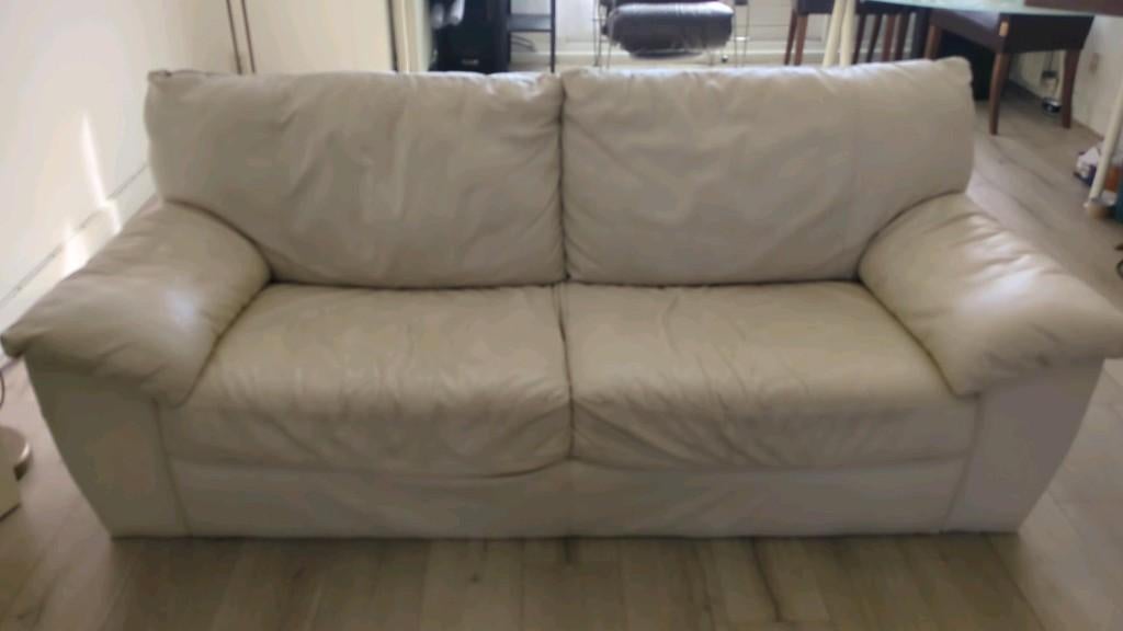 Leren bankstel crème wit, Huis en Inrichting, Banken | Bankstellen, Ophalen, Gebruikt, 150 tot 200 cm, Driepersoons