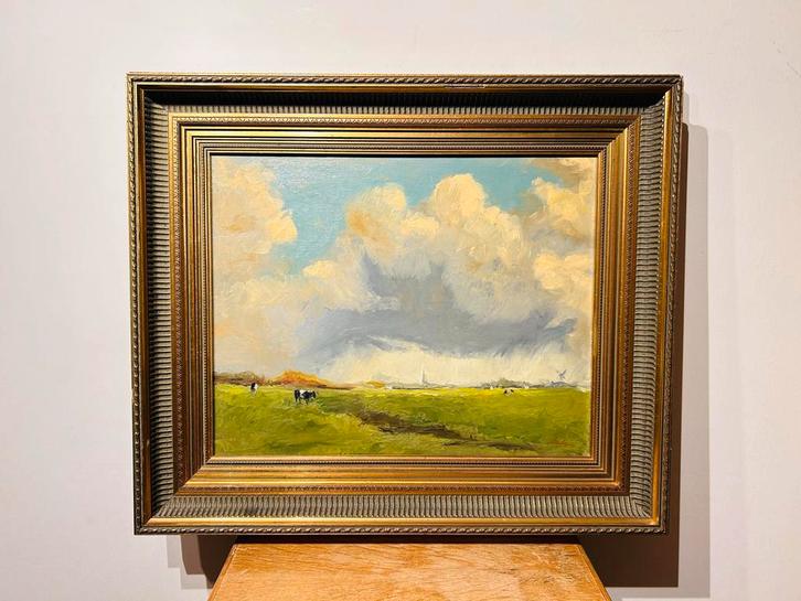Juan Sala Santonja - Hollands landschap met koeien en molen, Antiek en Kunst, Kunst | Schilderijen | Klassiek, Ophalen of Verzenden