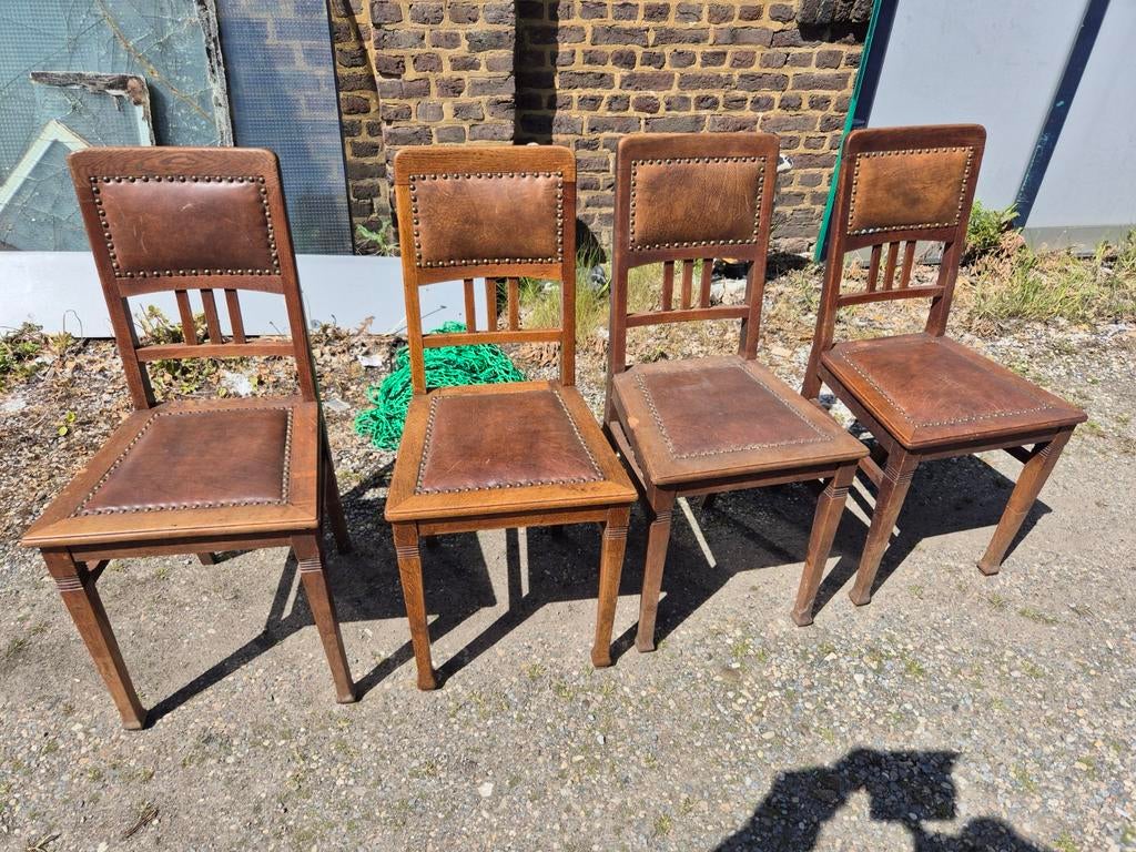 Set van 4 antieke eikenhouten stoelen met leer, Ophalen