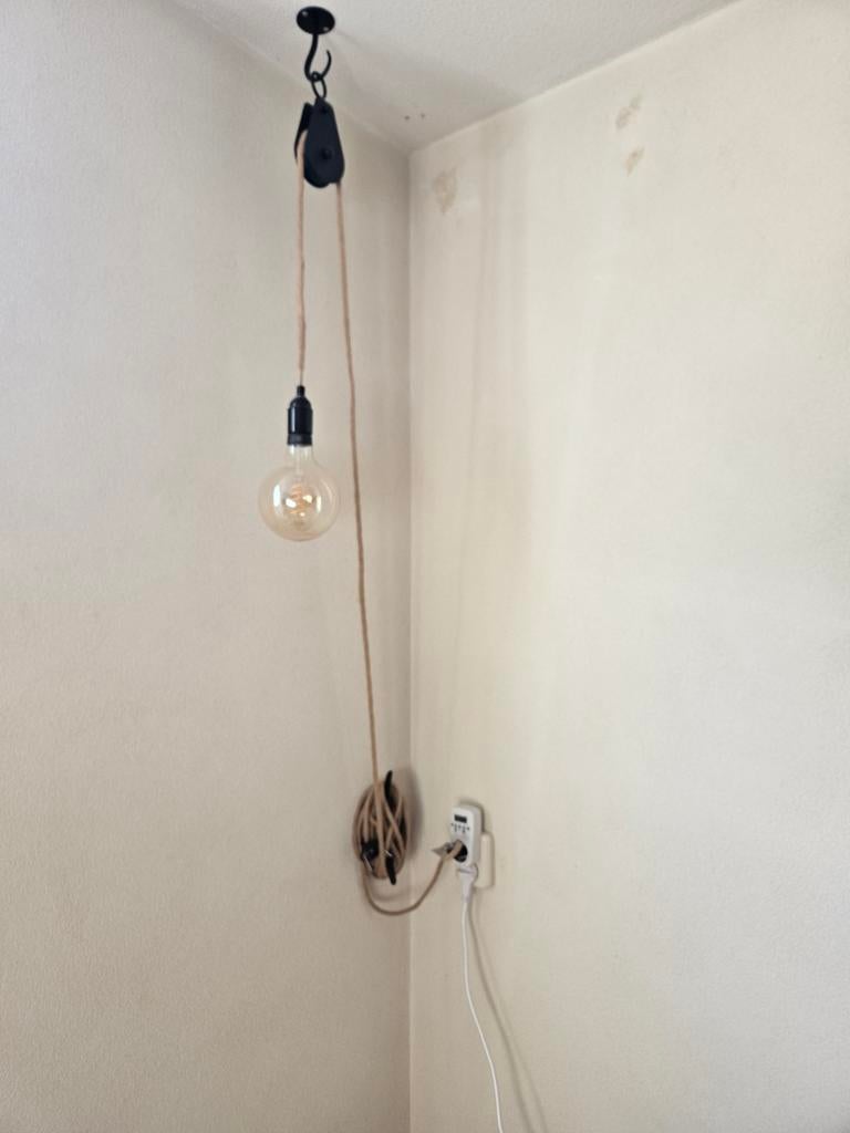 Industriële hanglamp met katrol en Edison lamp, Huis en Inrichting, Lampen | Overige, Zo goed als nieuw, Ophalen