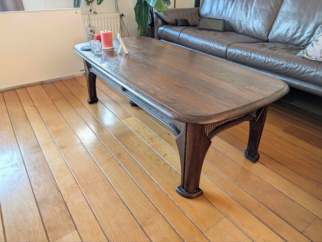 Massief houten salontafel met rotan details, Ophalen, Landelijke, Bohemian, 50 tot 100 cm, 150 tot 200 cm