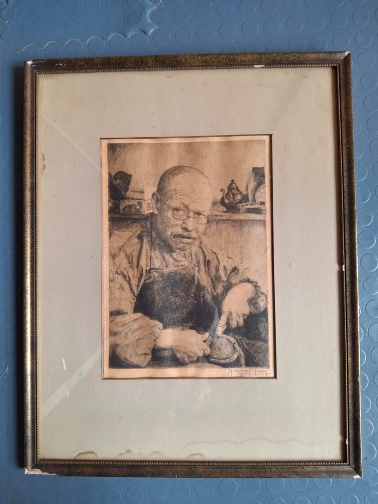 Jozef van Raaij ets  grafiek van schoenmaker., Antiek en Kunst, Kunst | Etsen en Gravures, Ophalen of Verzenden